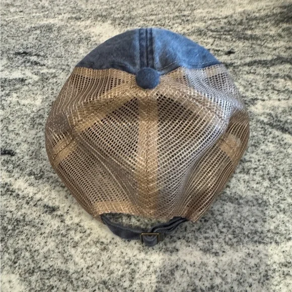 New Custom Designed Blue & Tan Mesh Distressed Trucker Hat with Embroidered LOVE
